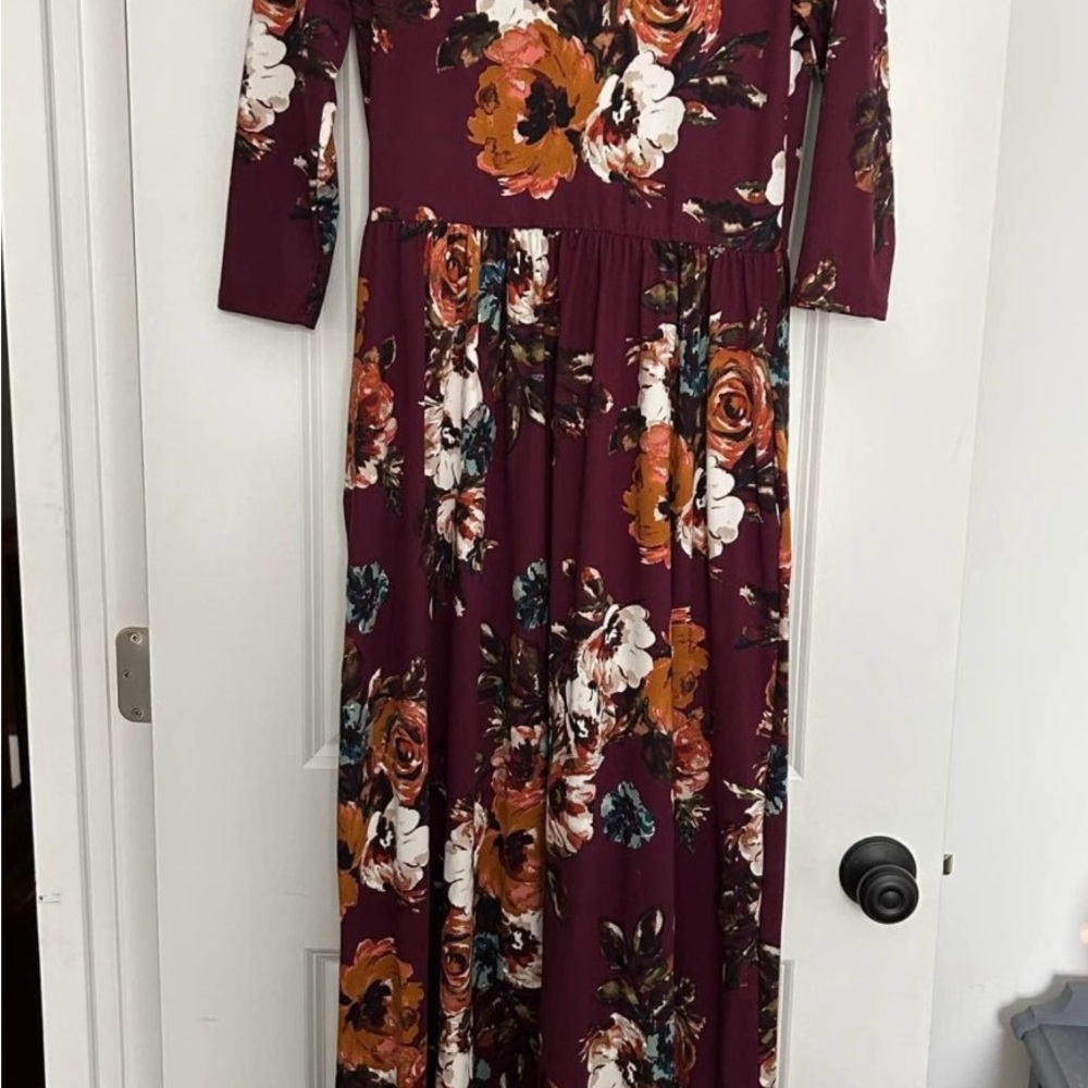 JessaKae Burdundy Floral Maxi with 3/4 Sleeves